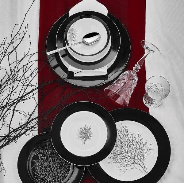 Neva Hayat Ağacı 24 Parça Yemek Takımı | 6 Kişilik | Beyaz Siyah | N2580