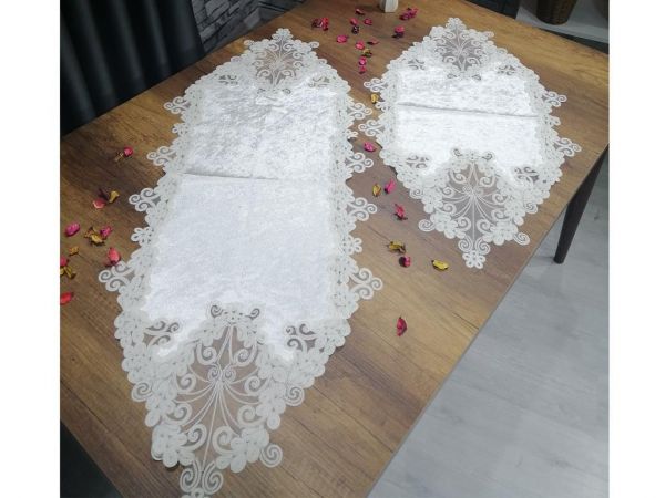 Fransız Güpürlü Kadife Kelebek Salon Takımı 5 Parça Krem Krem