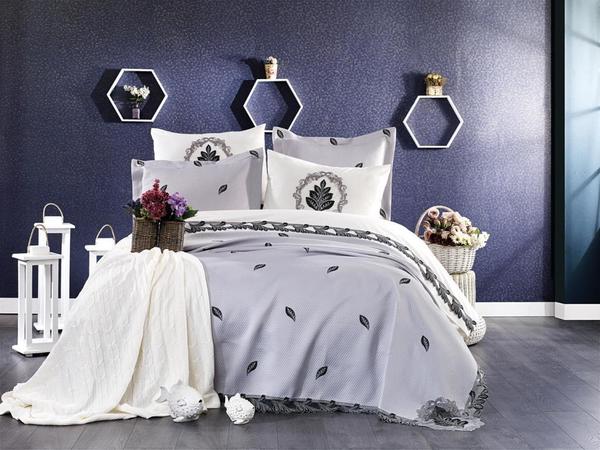 Fransız Güpürlü Nakışlı Alya Battaniyeli Gelin Seti Krem Gri