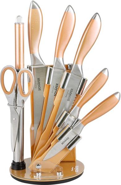SCHÄFER | 8 Teilig | Messer-Set | Küchenmesser-Set | inkl.Küchenschere | aus Edelstahl | inkl. Acrylständer | Messerständer | Messerblock | 360° Drehbar | Hellbraun | 11259