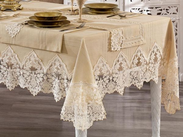 Guipure Française Başak Linen A. Service Nappe Set 14 Pièces