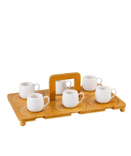 Acar | Bambu Tepsili 6 Kişilik Porselen Kahve Takımı