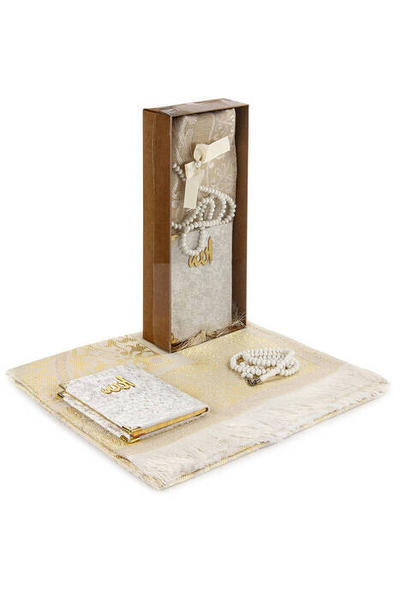 Kraft Kutulu Seccade Seti - Kadife Kaplı Yasin - Seccade - Tesbih - Beyaz Renk