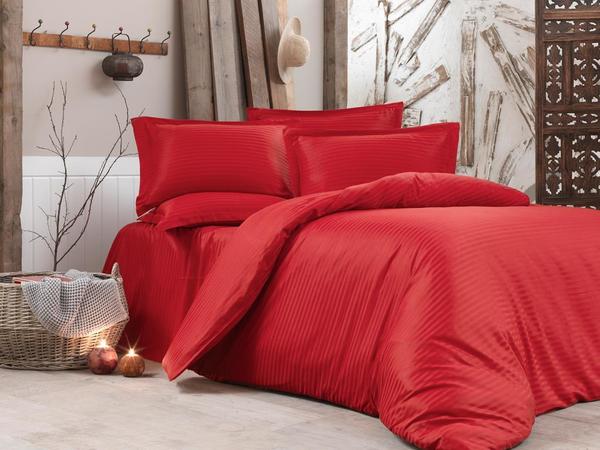Ensemble housse de couette double coton satiné Dowry Land Stripe Rouge