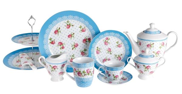 Paci 28 Parça Gül Desenli Porselen Çay & Kek Seti | Mavi | 6 Kişilik