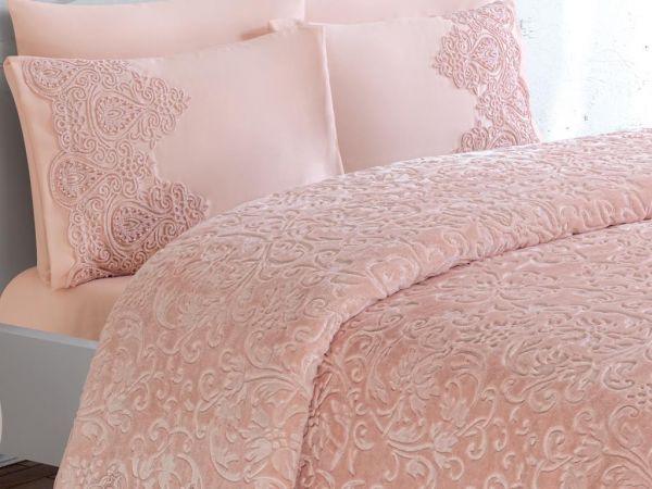 Fransız Güpürlü Deren Battaniye Takımı Pudra