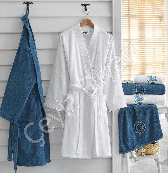 Cotton Box Aile Bornoz Setı Nakıslı mavi beyaz | Cotton Box