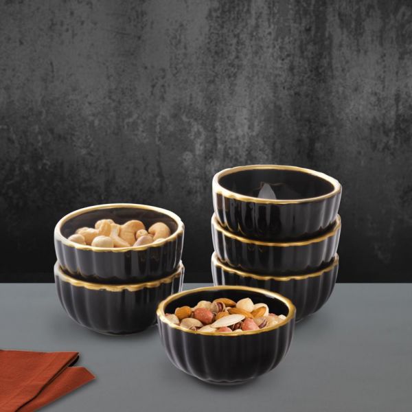 Fatih Lot de 6 bols à biscuits en céramique noire avec porte-sauce de golf