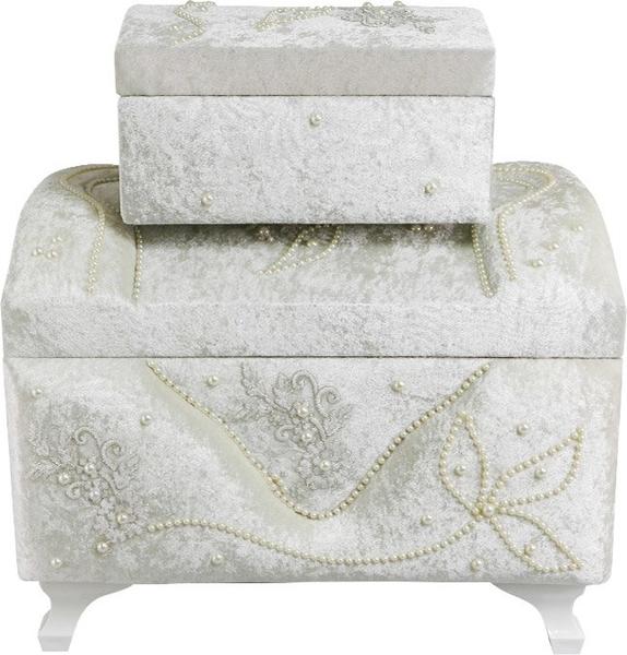 Dekonaz 2'li Çiçek Desenli İnci Süslemeli Çeyiz Sandığı | Bej | Dts-145-c