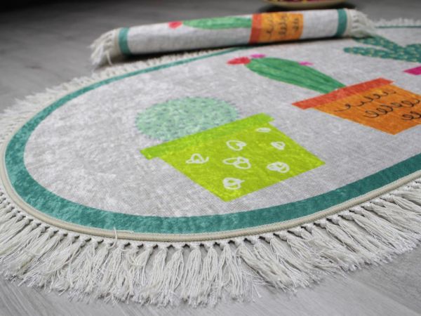 Oval Saçaklı 2'li Banyo Paspas Takımı Cactus Gri
