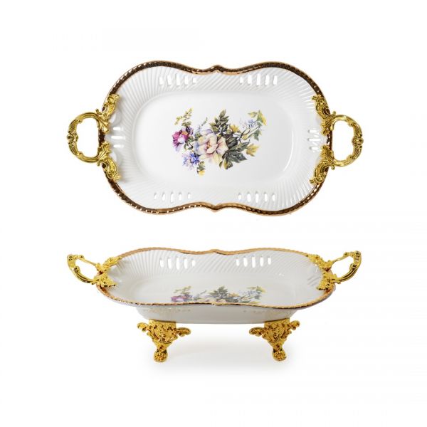 İpek | Çiçek Desenli Metal Ayaklı Porselen Meyvelik 30,5 cm | DY9102-12
