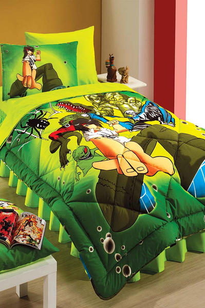 Kupon Tek Kişilik 2`li Microfiber Heroes Yeşil Desenli Yorgan