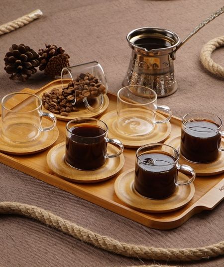 Bambu Tabakli 6 Li Cam Çay Bardaği&bambu Tepsi