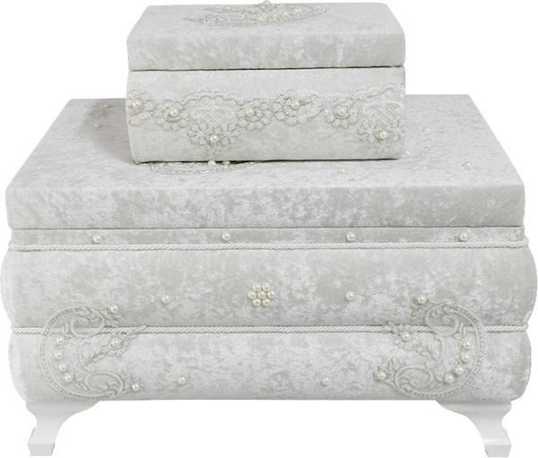 Dekonaz 2'li İnci Süslemeli Kabartmalı Çeyiz Sandığı | Bej | Dt-146-c