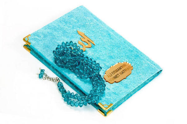 Samtbedecktes Yasin-Buch - Taschengröße - Name Spezialplatte - Rosenkranz - Boxed - Blaue Farbe - Religiöses Geschenk