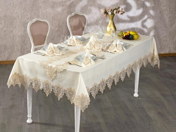 French Guipure Sultanate Table Cloth Set Ecru Gold 26 Pieces