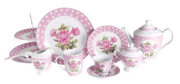 Paci 28 Parça Gül Desenli Porselen Çay & Kek Seti | Pembe | 6 Kişilik