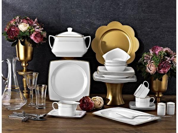 Tac Mühr-ü Sedef | 85 Teilig | Tafelservice | Teller-Set | Esservice | Tafel-Set | Bone Porzellan | Weiß | Karo | 12 Personen | Hochzeit | Verlobung | Geburtstag | Feier | Tac-2055