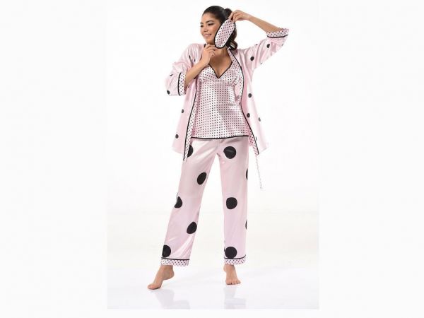 Ensemble de pyjama 3 pièces en satin à pois 8571 Poudre