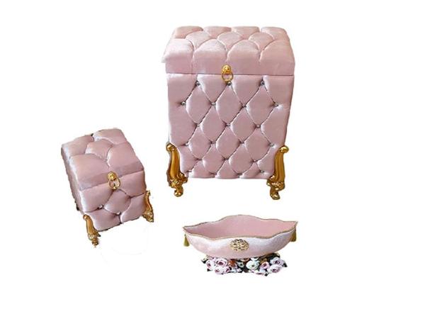 Çeyizlik Kapitoneli İncili Carmen 3 Lü Kirli Sepeti Takımı Pudra