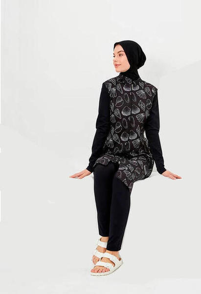 Haşema Elif Picasso Serisi Siyah Deniz Kabuğu Desenli Tesettür Mayo H-2503-20