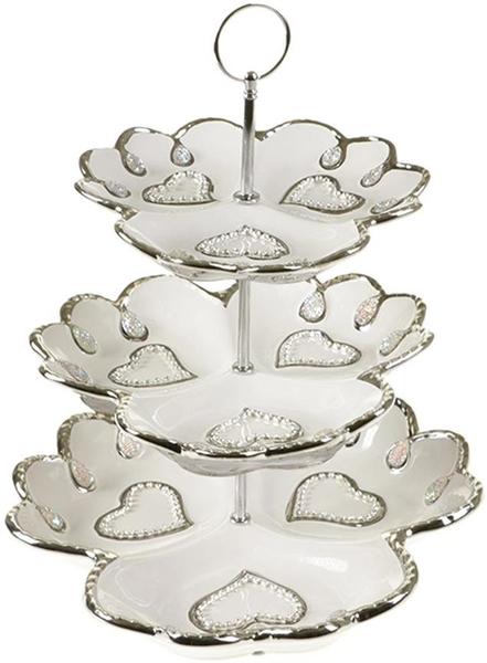 Çınar Porselen 3 Katlı Dekoratif Kurabiye Servis Kasesi Taş İşlemeli | Beyaz Gümüş