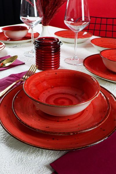 Asaf 24 Parça Porselen Yemek Takımı Reactiv Kırmızı