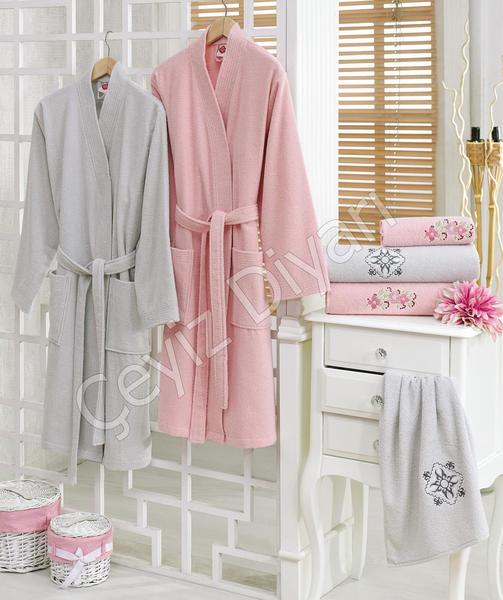 Cotton Box Aile Bornoz Setı Nakıslı Pudra-Gri | Cotton Box