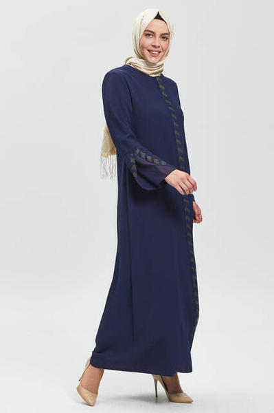 Derin Lacivert Kolu Perde Taşlı Ferace 9073-20