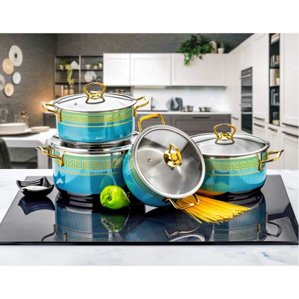 Öz Life | Ceylin 8 Parça Dekorlu Gold Turkuaz Tencere Seti