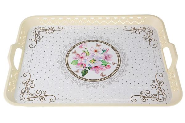 Dekonaz Altın Desenli Servis Tepsisi Çiçekli Kelebek Krem 52x38 cm