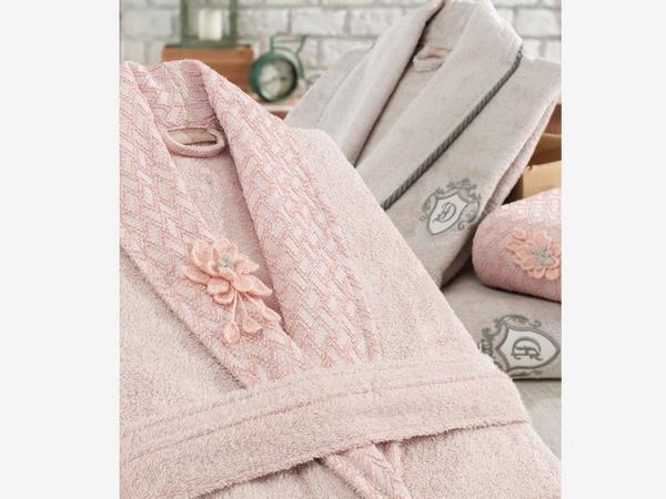 Nilüfer Örgü Yaka 3d Nakışlı Bambu Bornoz Takımı Pudra Taş | Dantela