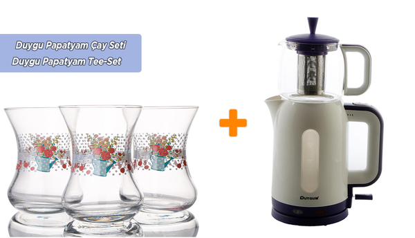 Duygu 2.7 lt Papatya Çay Makinesi & Lav Petunya Çay Bardağı Seti 12 Adet