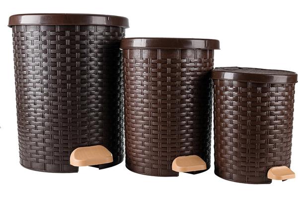 Violet Rattan 3'lü Pedallı Çöp Kovası Seti | 725-darkbrown