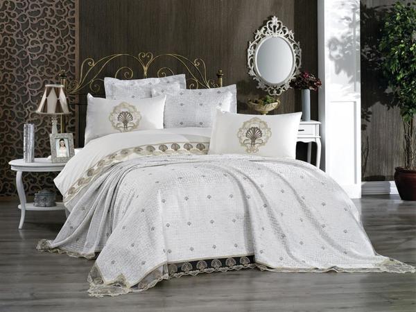 Fransız Güpürlü Nakışlı Valencia Gelin Seti Krem Altın