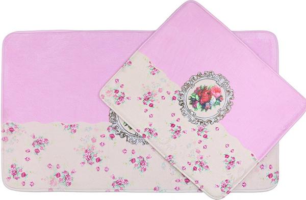 Almina Vintage Gülü Banyo Paspas Seti 2 Parça | Pembe/Toz-Pembe