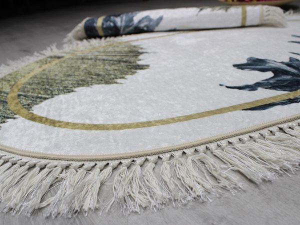 Oval Saçaklı 2'li Banyo Paspas Takımı Black Leaf Krem