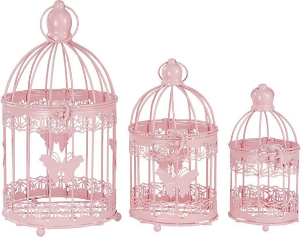 Dekonaz Dekoratif 3'lü Kuş Kafesi Kelebek Motifli | Metal | Pembe