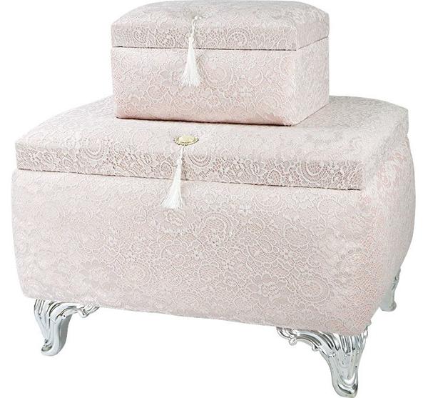 Dekonaz 2'li Çeyiz Sandığı Beyaz Güpürlü Gümüş Ayaklı | Pudra | DT-310-pudra