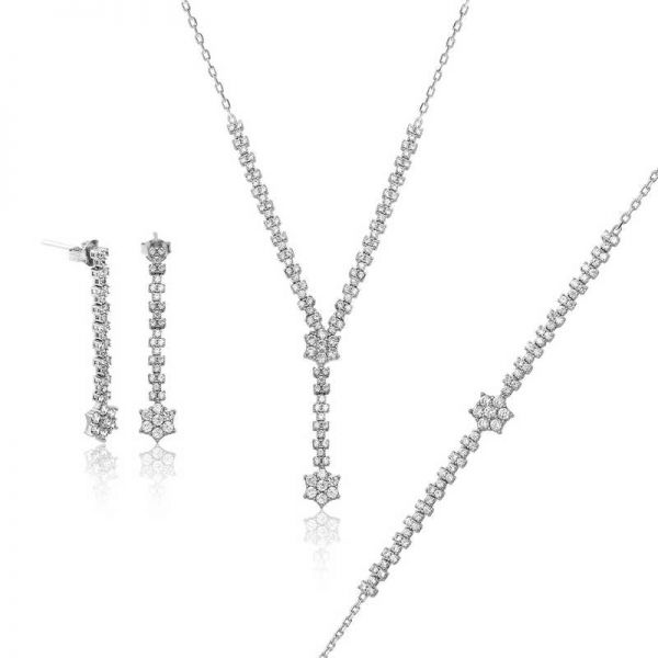 Gümüş Beyaz Taşlı Su Yolu Bayan Set