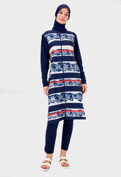 Haşema Efil-08 Lacivert Beyaz Görselli Tam Kapalı Tesettür Mayo H-2501-20