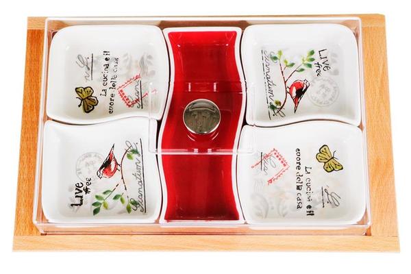 Dekonaz Kapaklı Porselen Kase Ahşap Tepsi 7 Parça