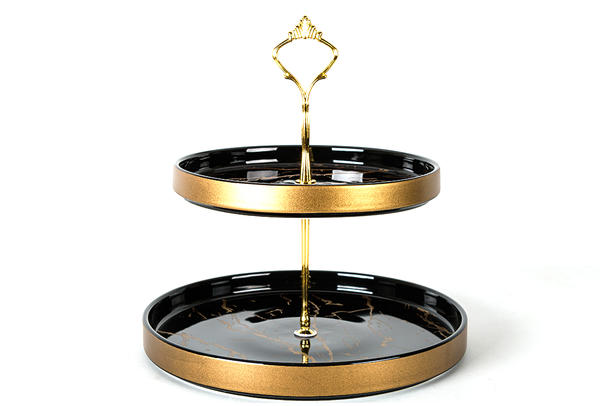 Dekonaz | 2 Katlı Mermer Desenli Etajer Servis Tabağı | Siyah