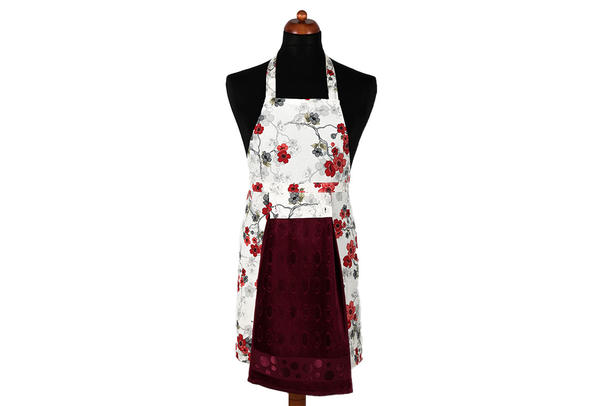 Dekonaz Çiçek Desenli Mutfak Önlüğü | Bordo Havlu ve El Bezi Hediyeli | 73cm x 59cm