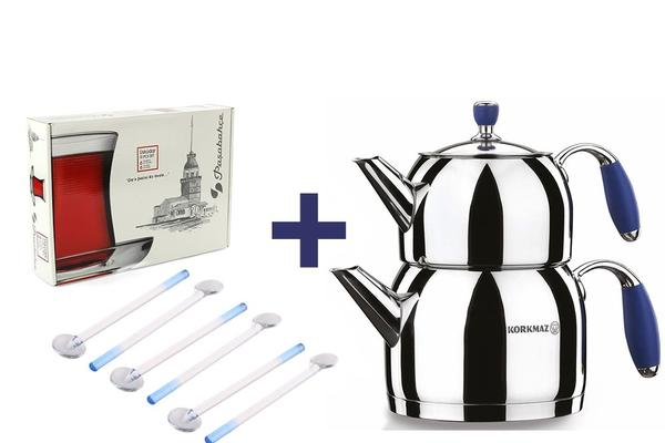 Korkmaz Flora Midi Çaydanlık & 6'lı Cam Kaşık Seti & Üsküdar Çay Bardak Seti Hediyeli !