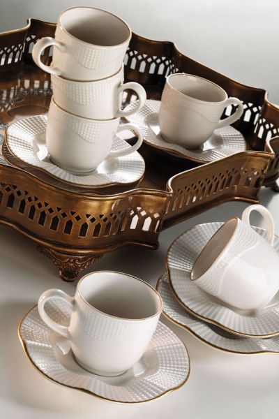 Kütahya Porselen Milena Krem Altın File Çay Fincan Takımı