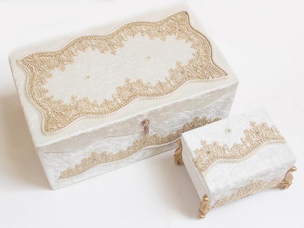 Fransız Güpürlü Lüx Maldiv Kadife 2li Çeyiz Sandığı Krem