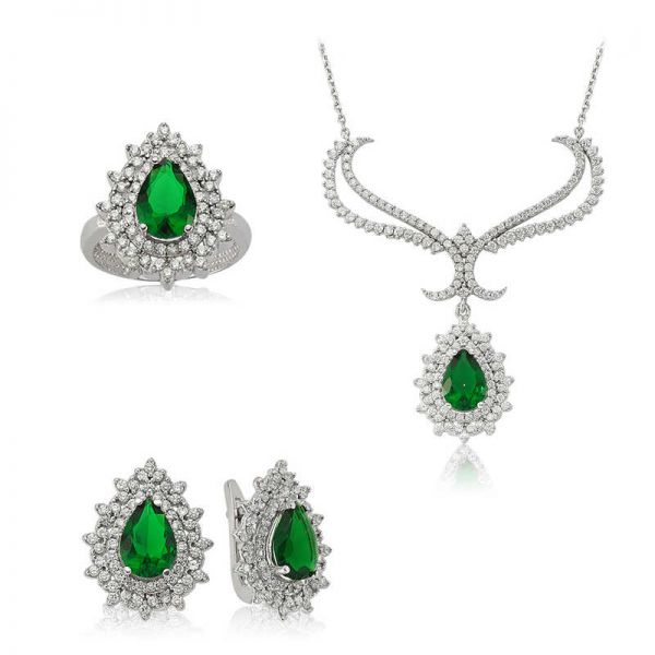 Gümüş Yeşil Taşlı Bayan Set