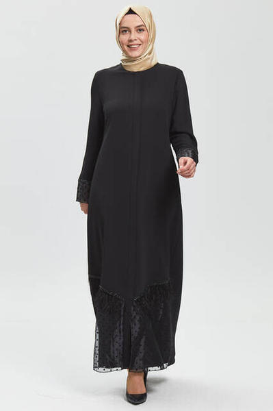 Abaya à manches et jupe en argent noir profond à pois 9125-20
