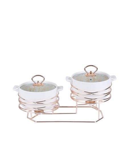 Acar | Stoneware Rozelly 2 Pcs Round Oven Container With Metal Stand 21 cm